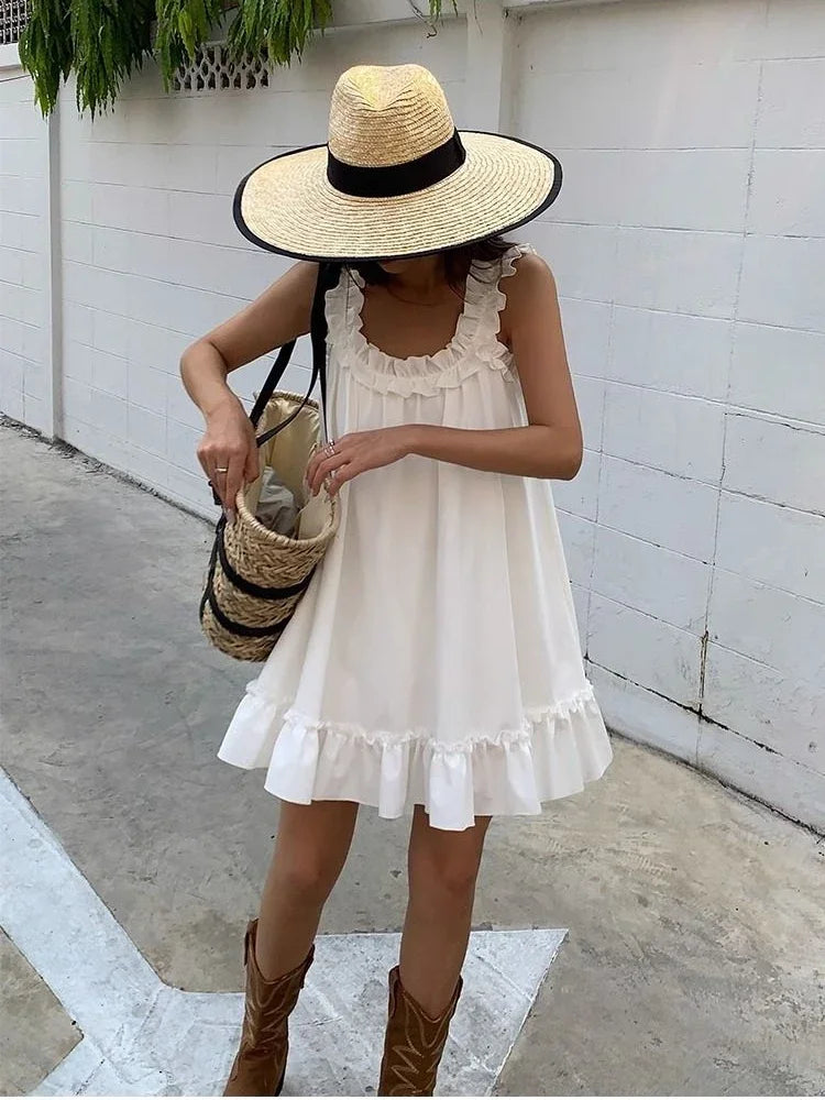 Sleeveless Ruffles Mini Dress White Beach Sundress Girl Home Dresses Loose Summer Dress Oversized