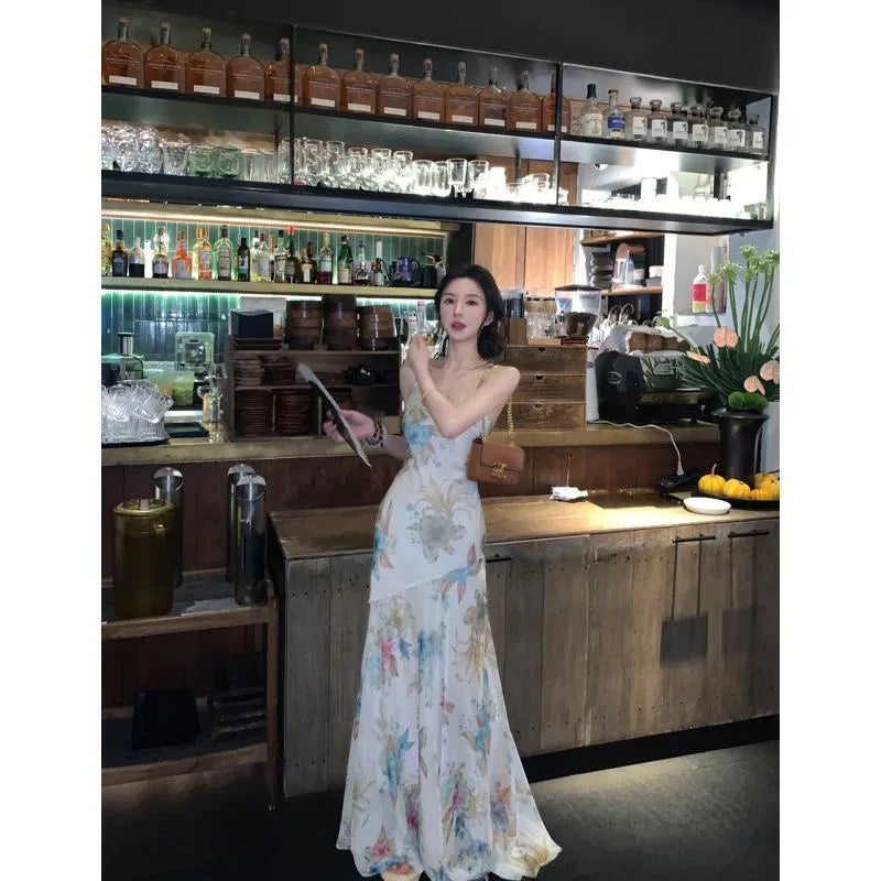 French Style Highend Dress for New Summer Unique Evening Party Dresses Printed Chiffon Suspender Long Dress.