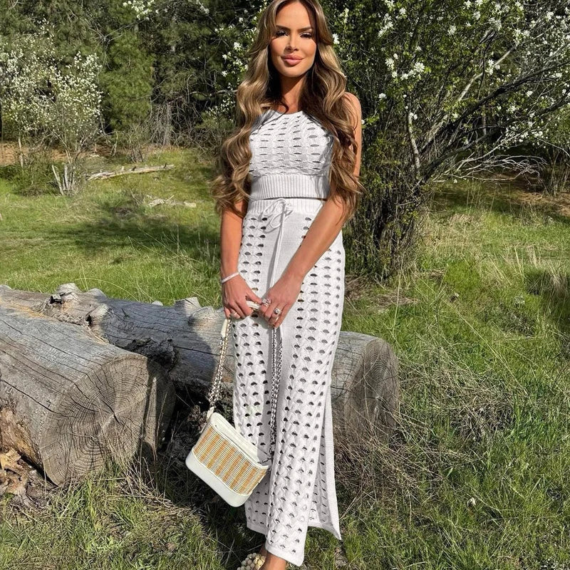 Slim Hollow Out Skirt Suit Knitted for Sleeveless Strapless Top Summer New High Waisted Lace Up Split Long Skirt
