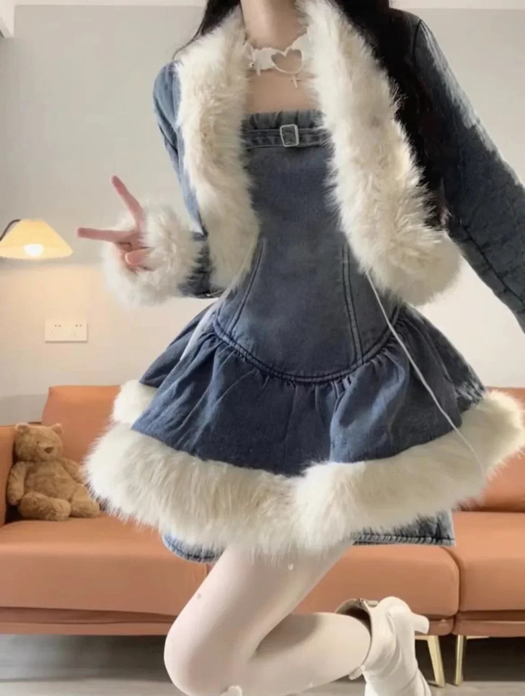 Autumn Winter Korean Temperament Patchwork Plush Denim Jacket + Slip Dress Pants Slimming Versatile 2 Pieces Set