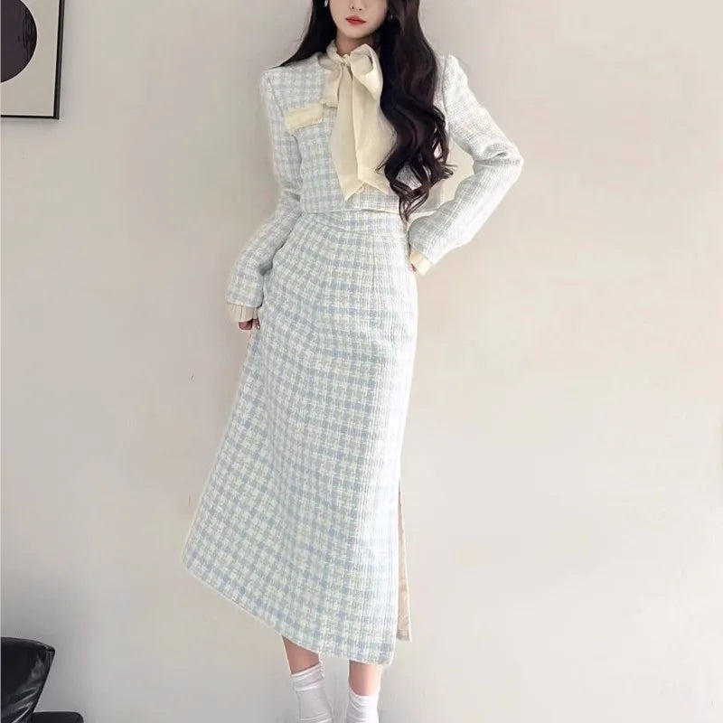 Korean Two-piece Skirt Sets Crop Jacket Coat Bodycon Midi Skirt Autumn Winter New Female Outfits