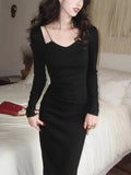 Bodycon Slim Midi Dress French Chain Spaghetti Strap Wedding Party Birthday Evening Prom Robe Sheath Clothing