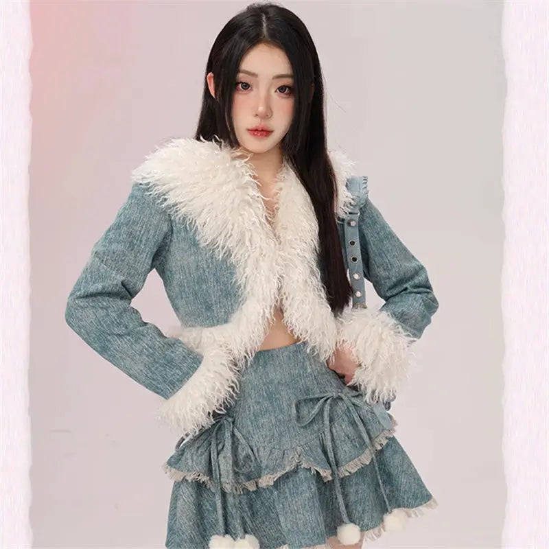 Sweet Hot Girl Suit Autumn/winter Denim Patchwork Furry Short Coat Aline Skirt Twopiece Set Female Clothes