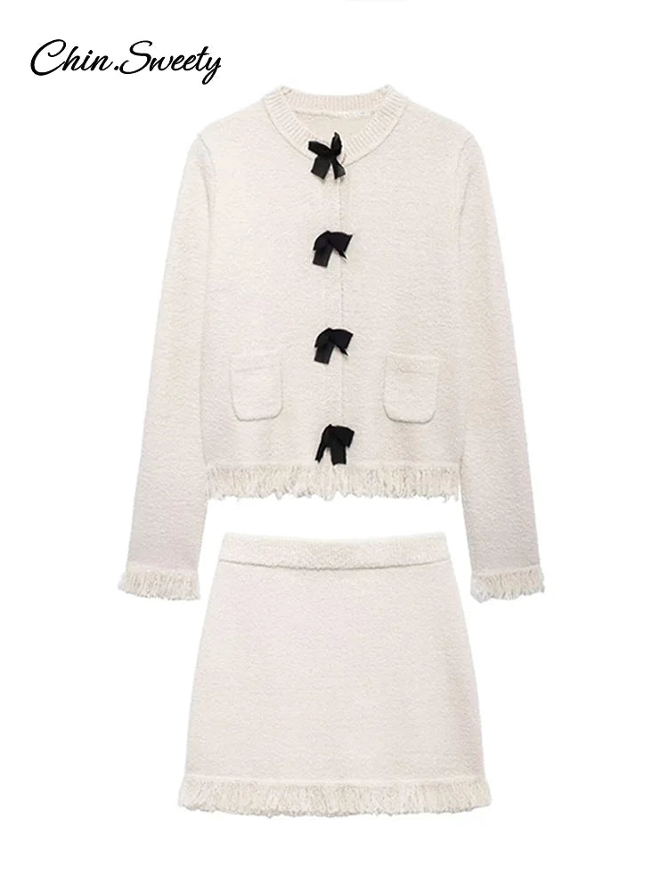 Tassel Knit Skirt Set Bow Buckle O-neck Long Sleeve Cardigan Sweater Mini Skirts Suit New in Matching Outfit