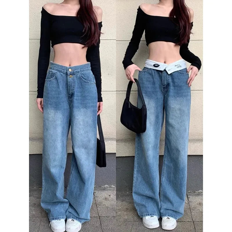 Distressed Patchwork Loose Jeans Summer New Low Waist Letter Printed Denim Wide Leg Pants