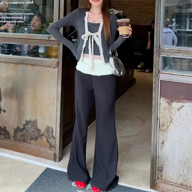 Spring New Korean Polka Dot Lace Up Longsleeved Tshirt + Contrast Color Patchwork Pants Twopiece Suit
