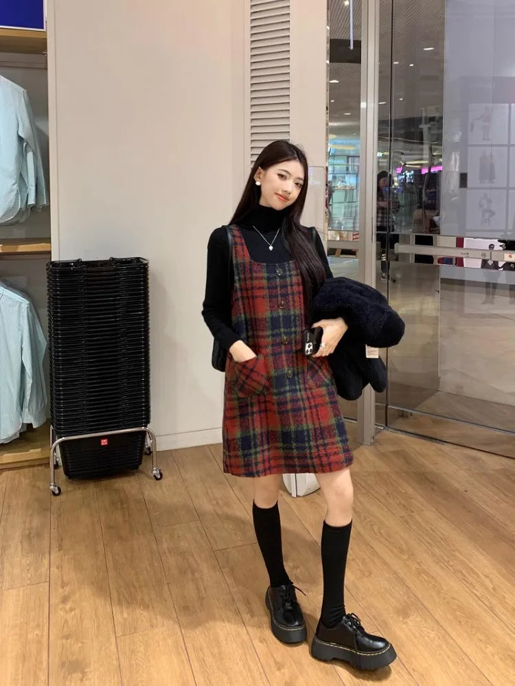 Christmas Red Plaid Strap Dress Female Autumn Winter New Dresses Slimming Sweet Age Reduction Woolen Base Skirt