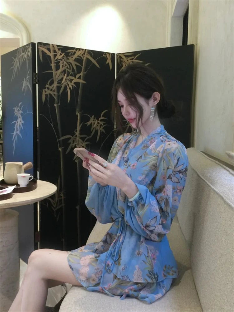 French Flower Chiffon Dress Retro Lantern Sleeve Mini Dress Female Even Party Korean Summer