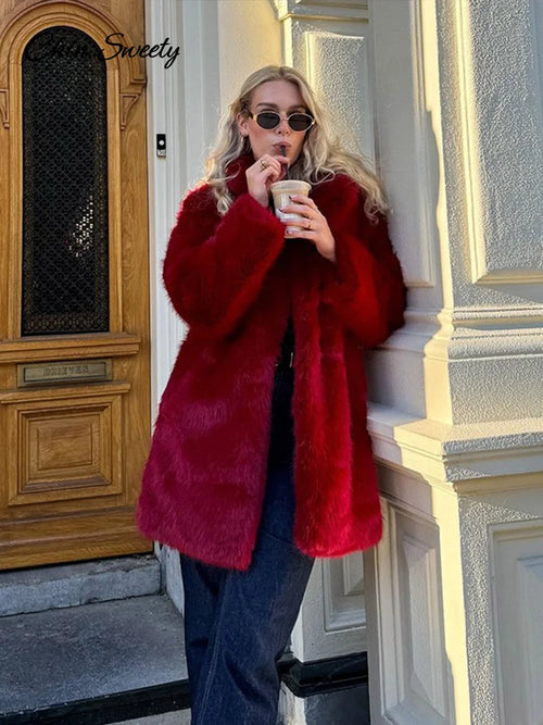 ’s Red Faux Fur Long Overcoat Fleece Thick Warm Full Sleeve Lapel Cardigan Coat Winter Loose Outerwear