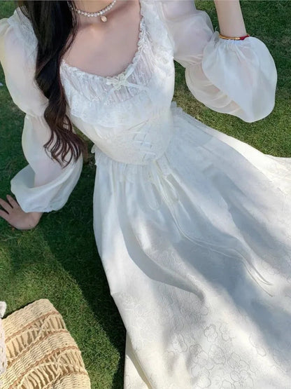 Puff Sleeves Lace Up Midi Dress Summer Medieval Retro Evening Party Prom Onepiece Clothing