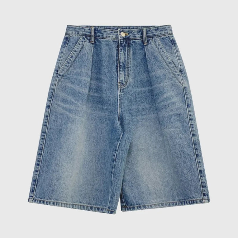Washed Denim Wide Leg Shorts Summer Loose High Waist Blue Straight Half Pants Female