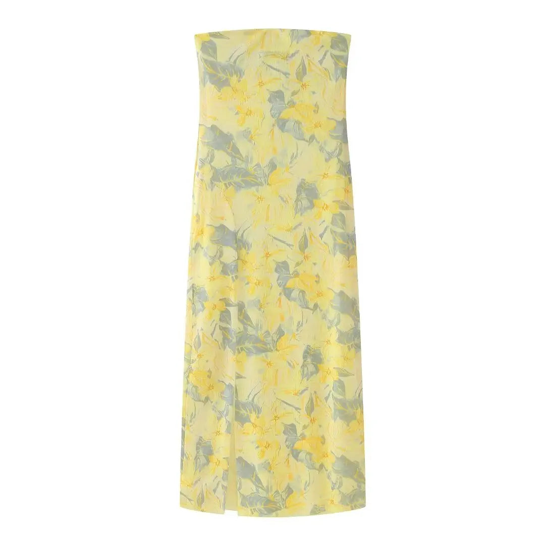 Summer Printed Tube Long Dress for Woman Strapless Slit Slim Fit Dresses Female Tulle Dress