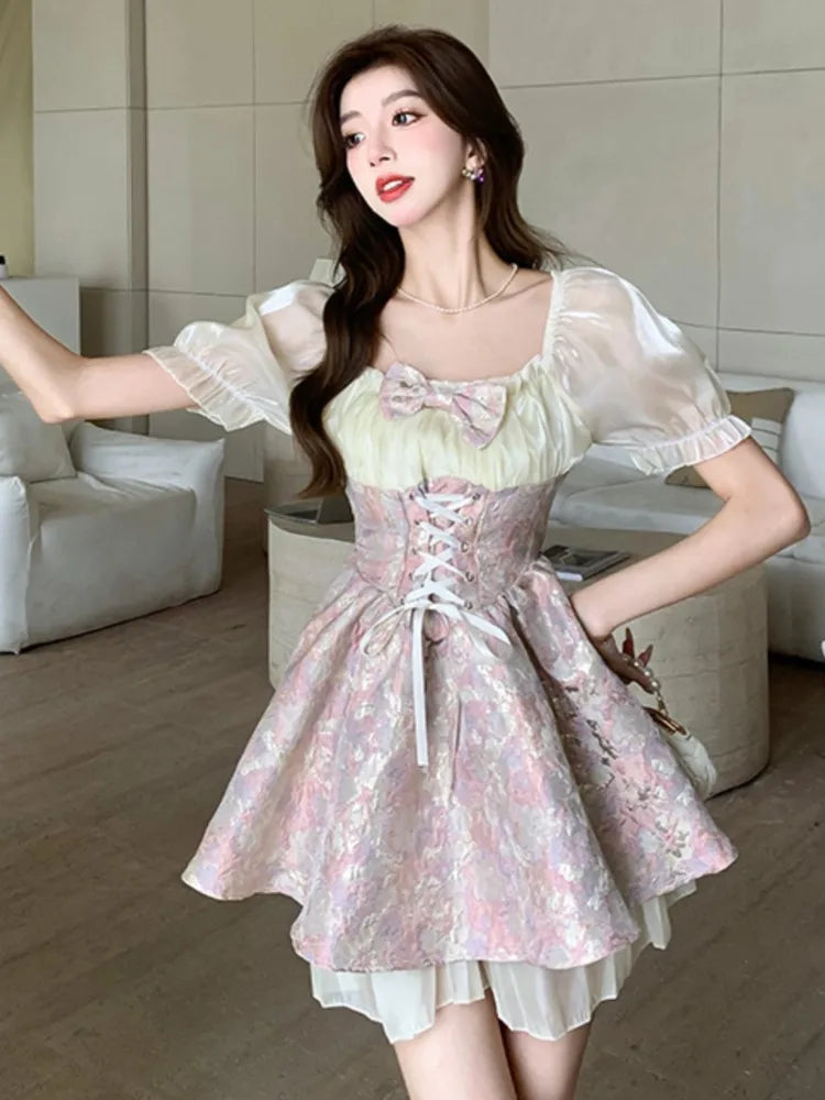 French Sweet Mini Dress for Bow Short Sleeves Laceup Princess Birthday Party Short Dresses Aline Vestidos