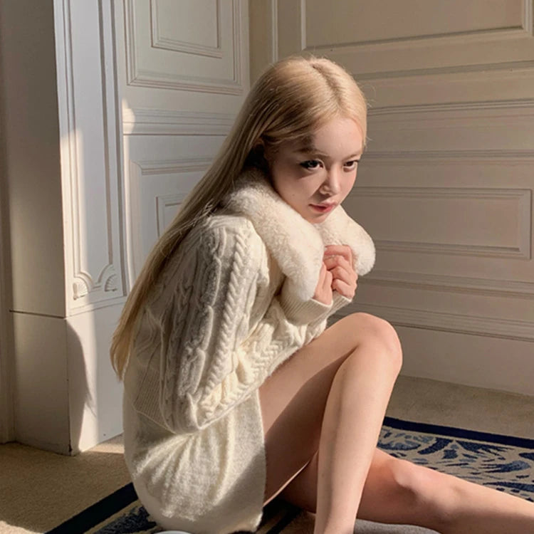 Lazy Lapel Neck Fur Sweaters Mujer Autumn New White Cardigan Coat Y2k Long Sleve Zipper Knitted Tops