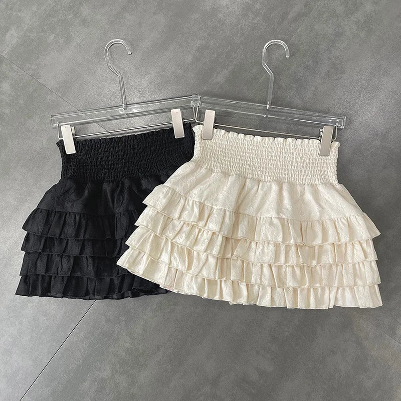 Y2k Ruffles Mini Skirts Sweet Kawaii High Waist Lace a Line Skirt Summer Korean Black Ball Gown Skirts