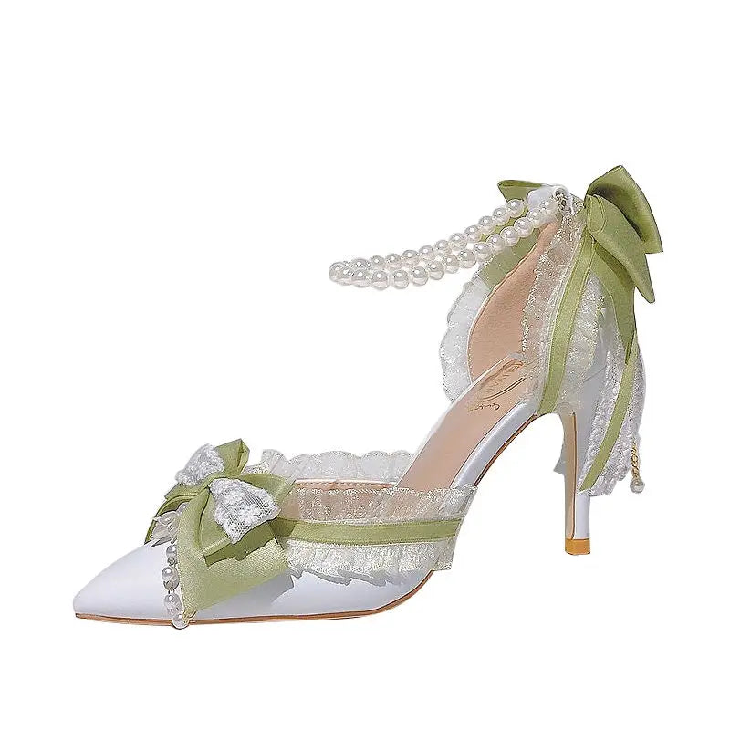 Lolita High Heels for Pearl Lace Green Designer Shoes High End Knot Bridal Shoes Trending