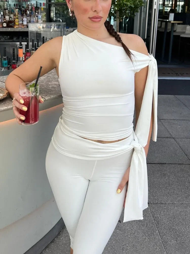 White Shorts 2 Piece-set Female See-through Slim Pleated Cropped Top and High Waist Shorts Sets ’s Outfits