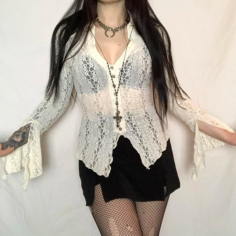 Retro Fairycore Grunge Lace Crop Top Button Up Flare Sleeve Tees Y2k Aesthetic 90s Transparent T-shirt