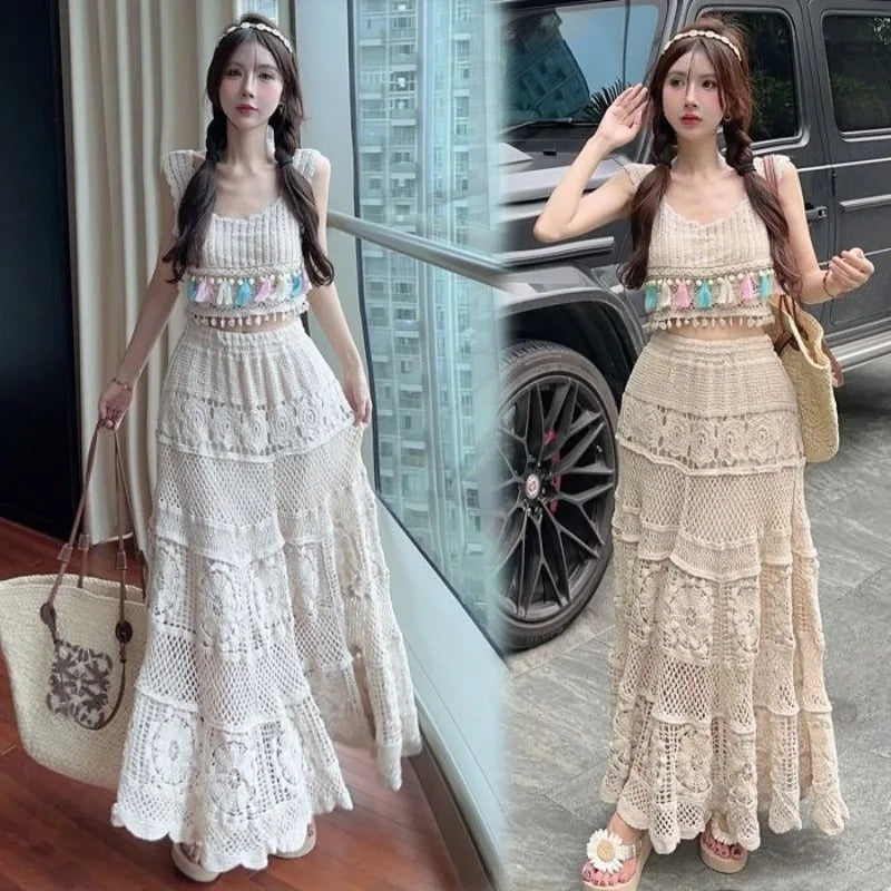 Korean Skirts Gentle Heavy Industry French Hollow Out Hook Flower Design Knit Skirt Aline Skirt