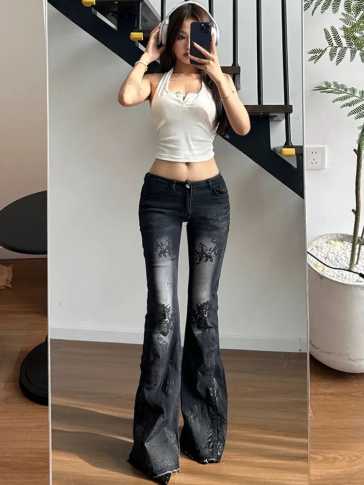 Y2k Flared Jeans 2000s Print Distressed Low Waist Slim Denim Pants Korean Retro Trousers