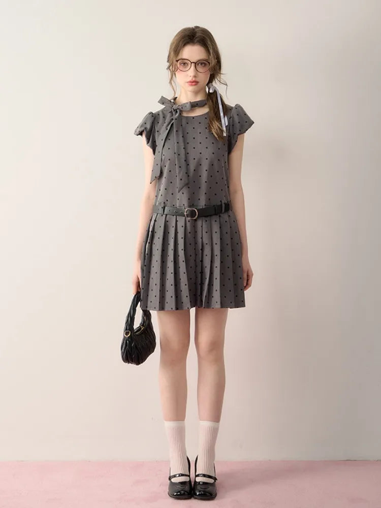 Kawaii Grey Dot Pleat Mini Dress for Bow Lace Up Puff Sleeve Birthday Dress Girl Summer Dress