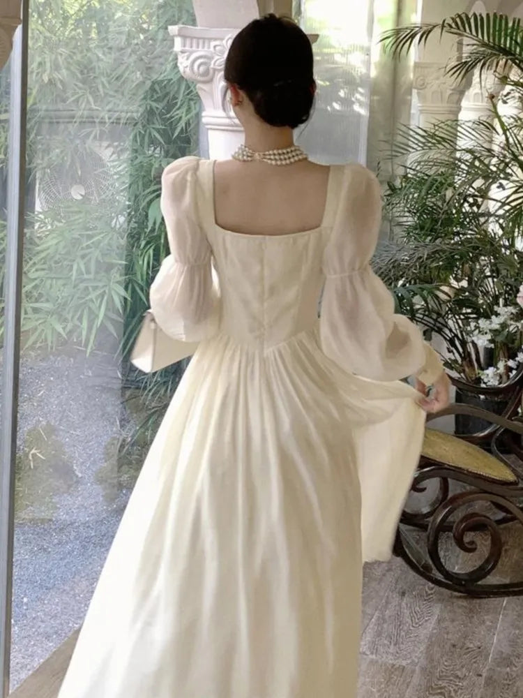 French Lantern Sleeve Lace Up Midi Dress Summer Square Neck Evening Party Prom Robe Female Vestidos Mujer Autumn