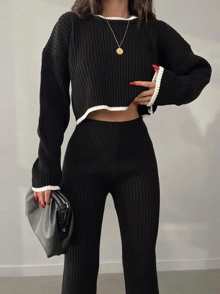 Black - Knitted Sweater Wide-leg Pants Two Piece Set