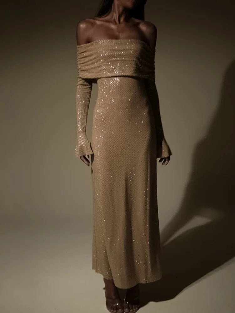 Strapless Sparkle Maxi Dress for Off-shoulder Backless Long Flare Sleeve Bodycon Club Party Dress