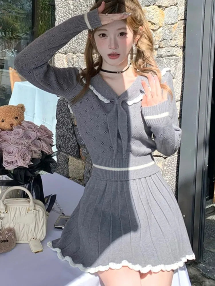 Y2k Sweet Knit Pleated Mini Skirts Suits Korean Preppy Style Two Pieces Set Female Slim Sweater New Outfits