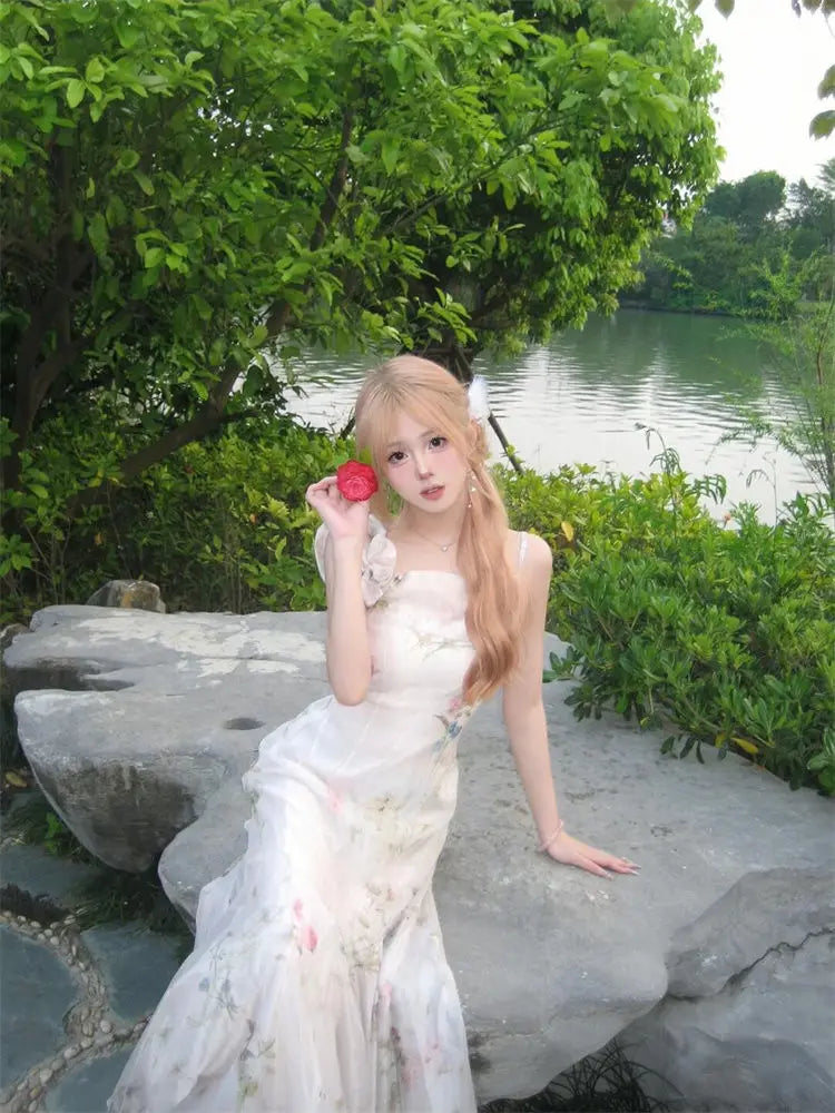 French Print Fairy Midi Dress Evening Party Bow Strap Dress Female Slim Korean Summer