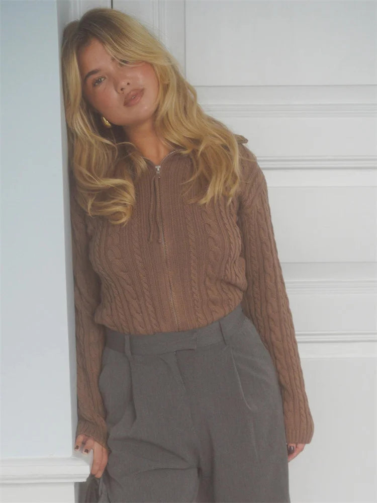 Knit Sweater Cardigan for Patchwork Winter Long Sleeve Lapel Zipper Outwear Knitwear Female New