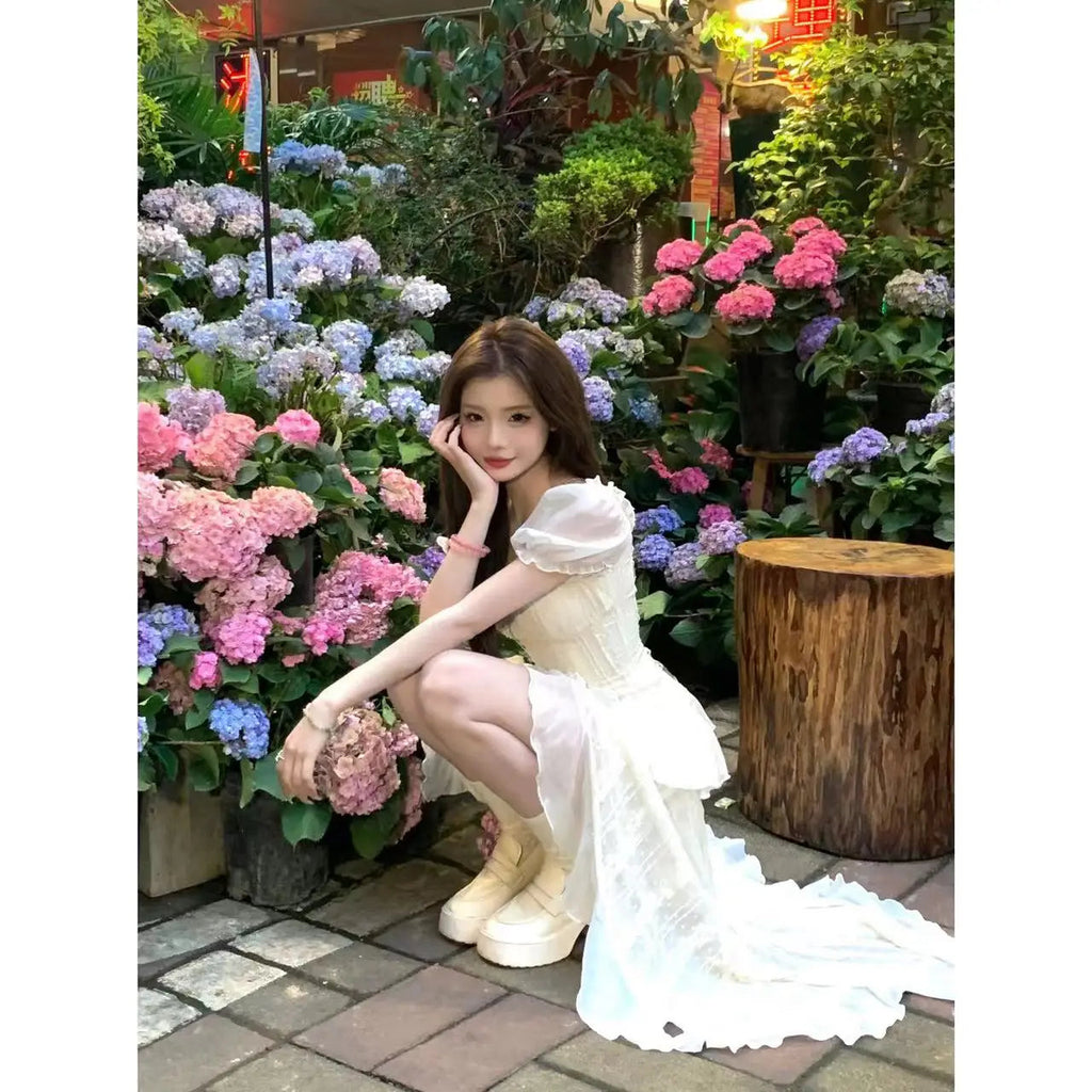 French Party Midi Dress Beach Style 2000s Y2k Clothing Short Sleeve One Piece Dress Korean Summer