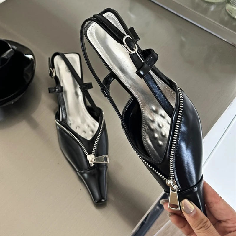 New Designer Pointed Toe Low Heels Mule Shoes Zipper Slingback Sandal Female Party Pumps Fashions High Heels
