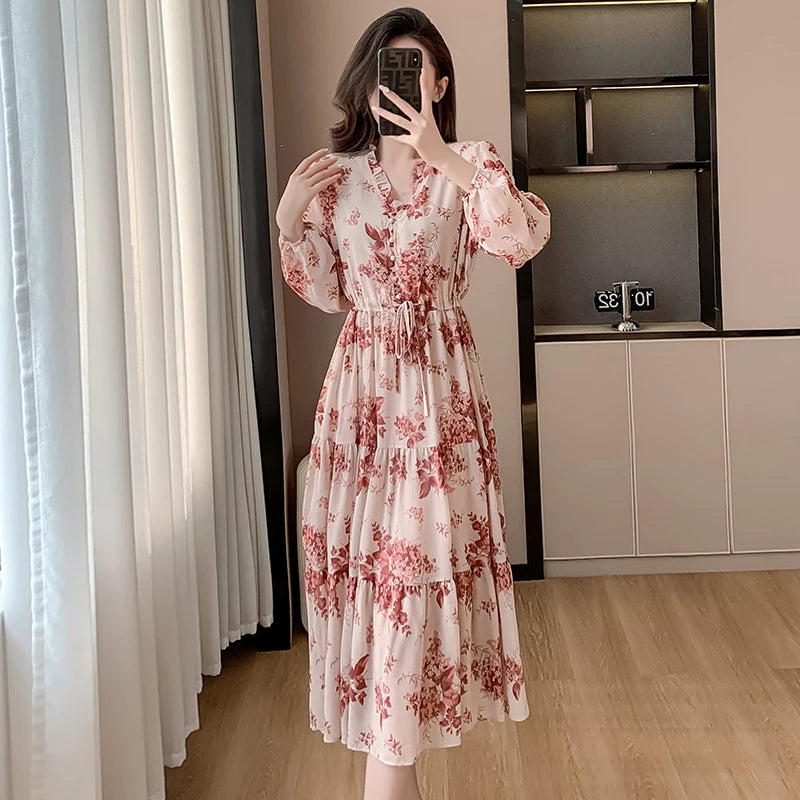 French V Neck Flower Print Chiffon Midi Dress New Spring Long Sleeve Drawstring Waist Holiday Sweet Dress