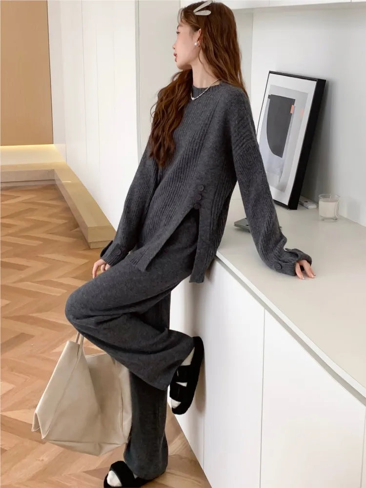 ’s Knitted 2-piece Set Tracksuit Autumn Winter O-neck Pullover Sweater Wide Leg Pants Harajuku Warm Suit New