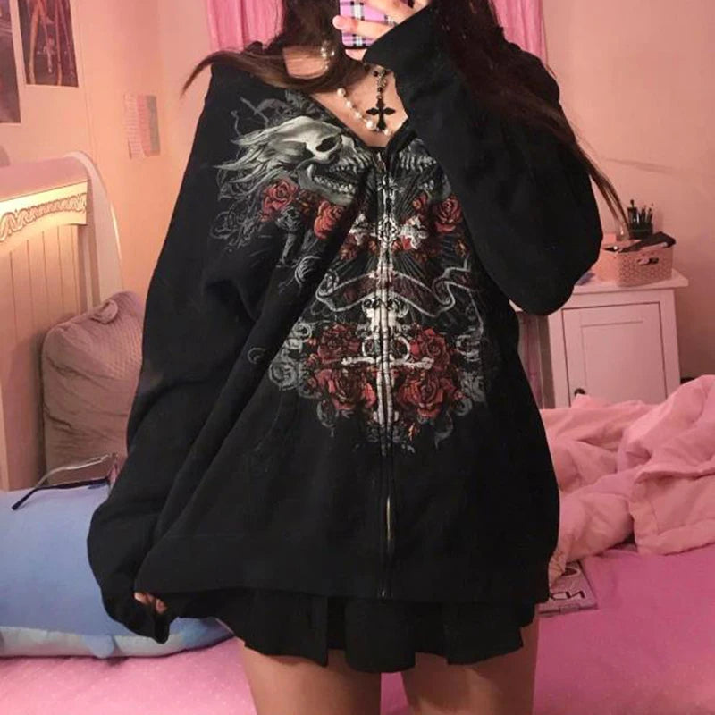 Indie Grunge Graphic Print Zip Up Hoodie Y2k Clothes Harajuku Grunge Baggy Sweatshirt Korean Kawaii Goth Mall Emo Jacket