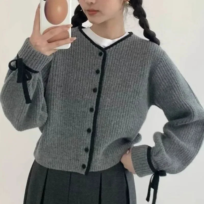 French Style Cardigan Autumn Winter Sweet Bow Knitted Sweater Coat Knitwear Simple Clothes