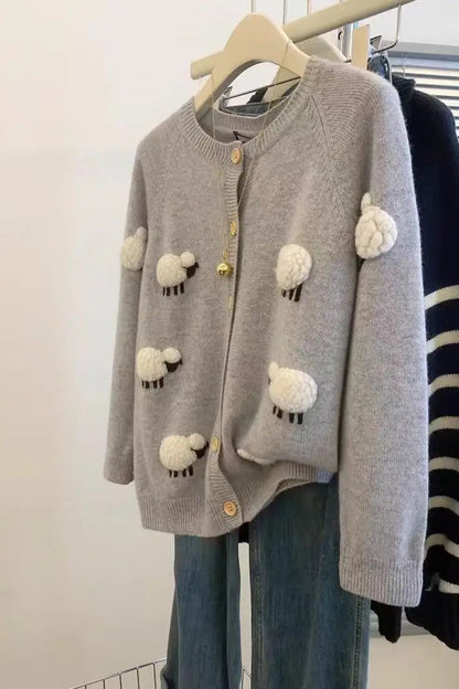 Sweet Hot Girl Threedimensional Lamb Knitted Cardigan Autumnwinter Thickened Oneck Longsleeved Loose Sweater
