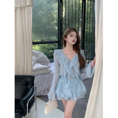 Sweet Hot Girl Suit Spring Ruffled Vneck Chiffon Shirt High Waisted Straight Leg Shorts Twopiece Set