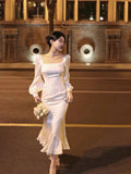 Spring Ruffles Midi Dress Evening Party Prom Vestidos Summer Long Sleeve Female Clothes Robe Korean