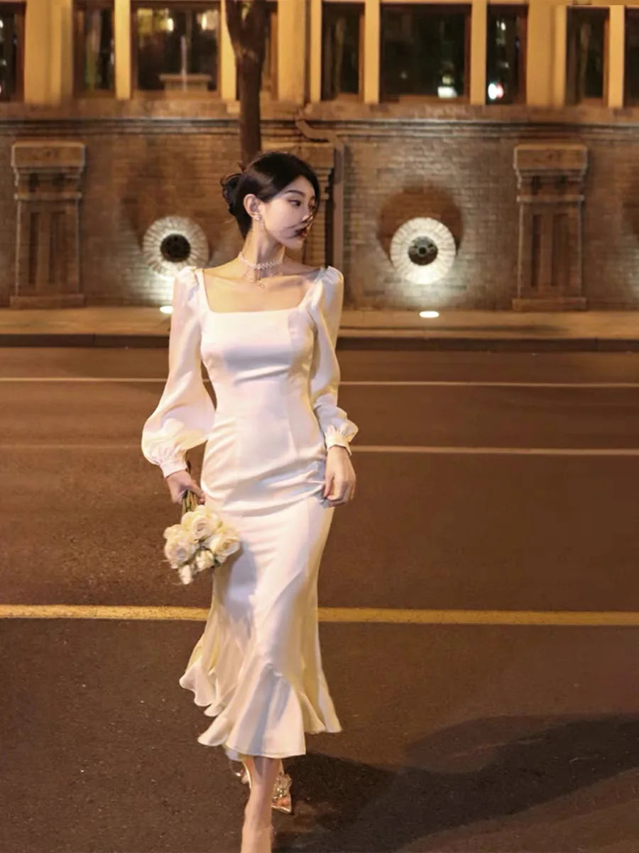 Spring Ruffles Midi Dress Evening Party Prom Vestidos Summer Long Sleeve Female Clothes Robe Korean