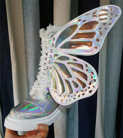Shine Silver Real Leather Flat Sneakers Butterfly Wings Shoes Lace Up Ankle Boots Hightop Leisure Platform Shoes