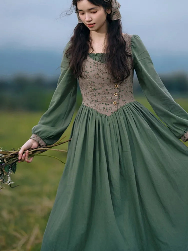 Autumn Long Dresses for Country Style Mori Slim Long Sleeve Fake Twopiece Dress Robe