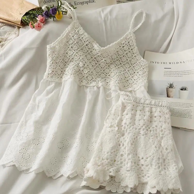 Summer Style Hollow Lace Hook Flower Vneck Camisole Tank Top Shorts Slimming Two Piece Sets Outfits