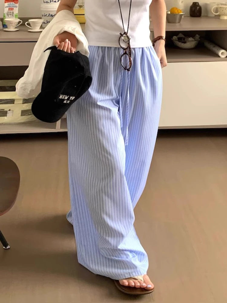 Korean Summer Age Reducing Temperament Elastic Waist Drawstring Loose Versatile Striped Pants Floor