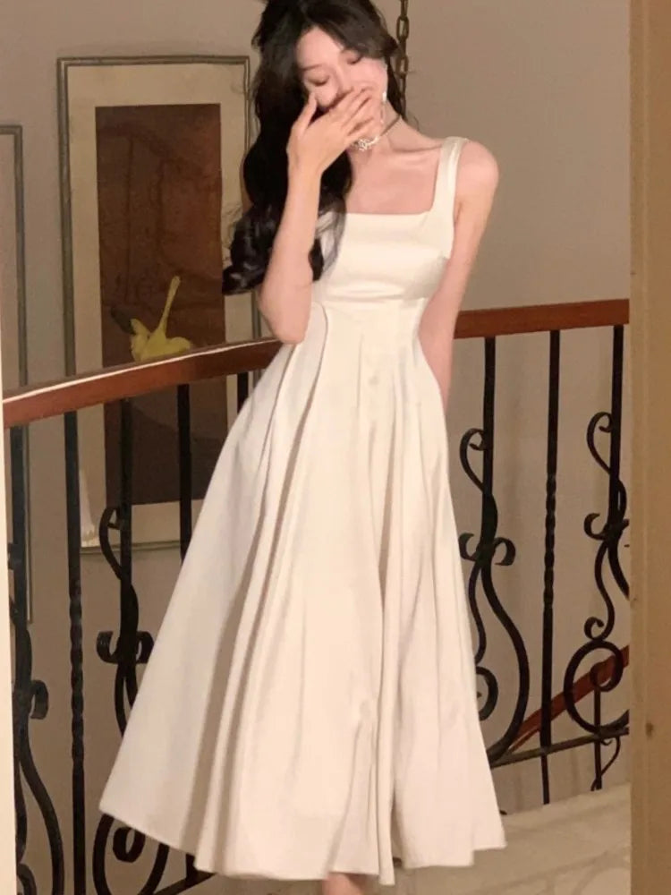 Satin Midi Dresses for Summer New Korean Vestido Wedding Evening Party Prom Clothes Female Robe
