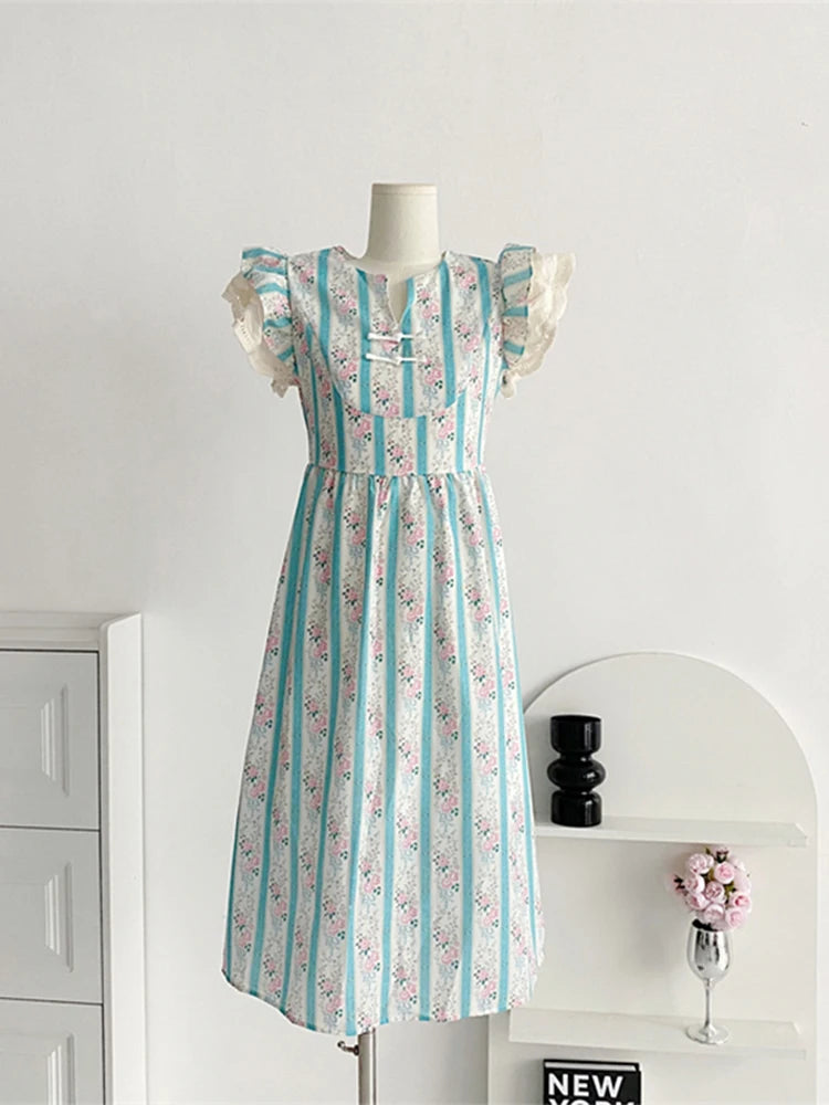 Summer French Court Striped Evening Sleeveless Long Dress Maxi Lace Patchwork Frocks Onepiece Design Maxi Party