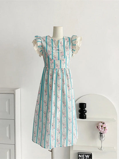 Summer French Court Striped Evening Sleeveless Long Dress Maxi Lace Patchwork Frocks Onepiece Design Maxi Party