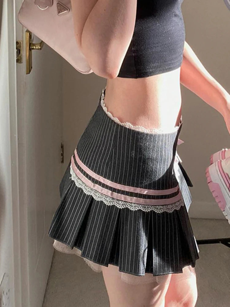 Contrast Lace Bow Stripe Y2k Mini Pleated Skirt Button Up Low Waist a Line Kawaii Sweet Ballet Preppy Skirts