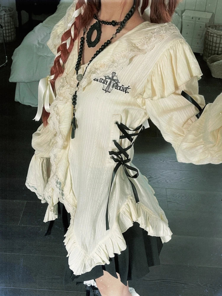 Y2k Aesthetic Lace Shirt Egirl Ruffle Irregular Goth Embroidery Blouses With Bow Fairycore Grunge Lolita Style Clothes